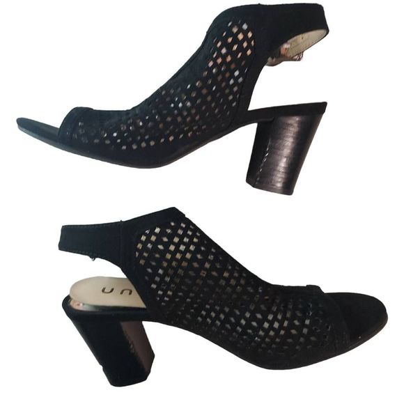 Abella Shoes - UNISA BLACK SUEDE PERFORATED DESIGN WEDGE BLOCK HEELS  PRE OWNED GOOD COND